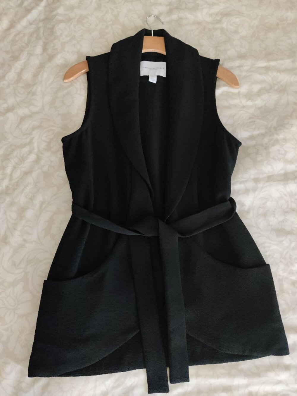 Carolina Belle SZ-S Sleeveless Collared Long Vest/Jacket with Belt in BLACK